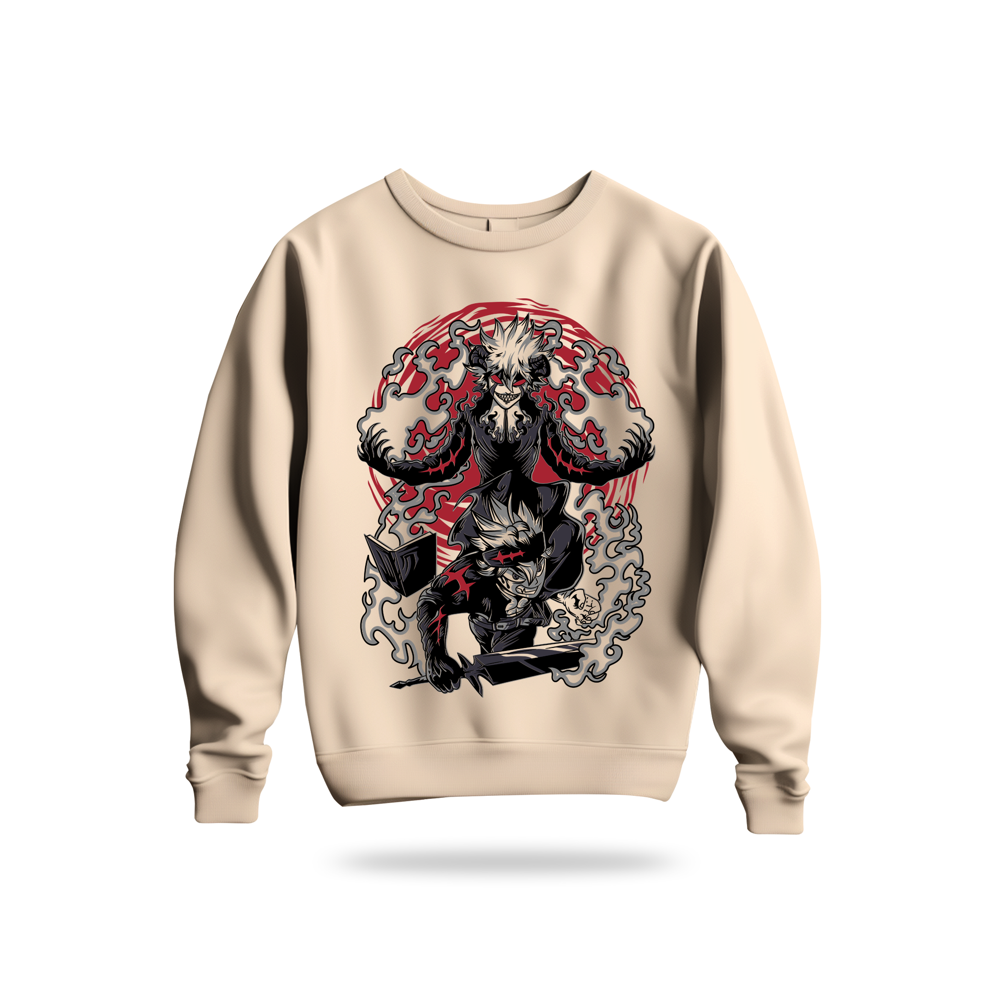 Beige sweatshirt with a graphic design of a bear and floral elements on a white background