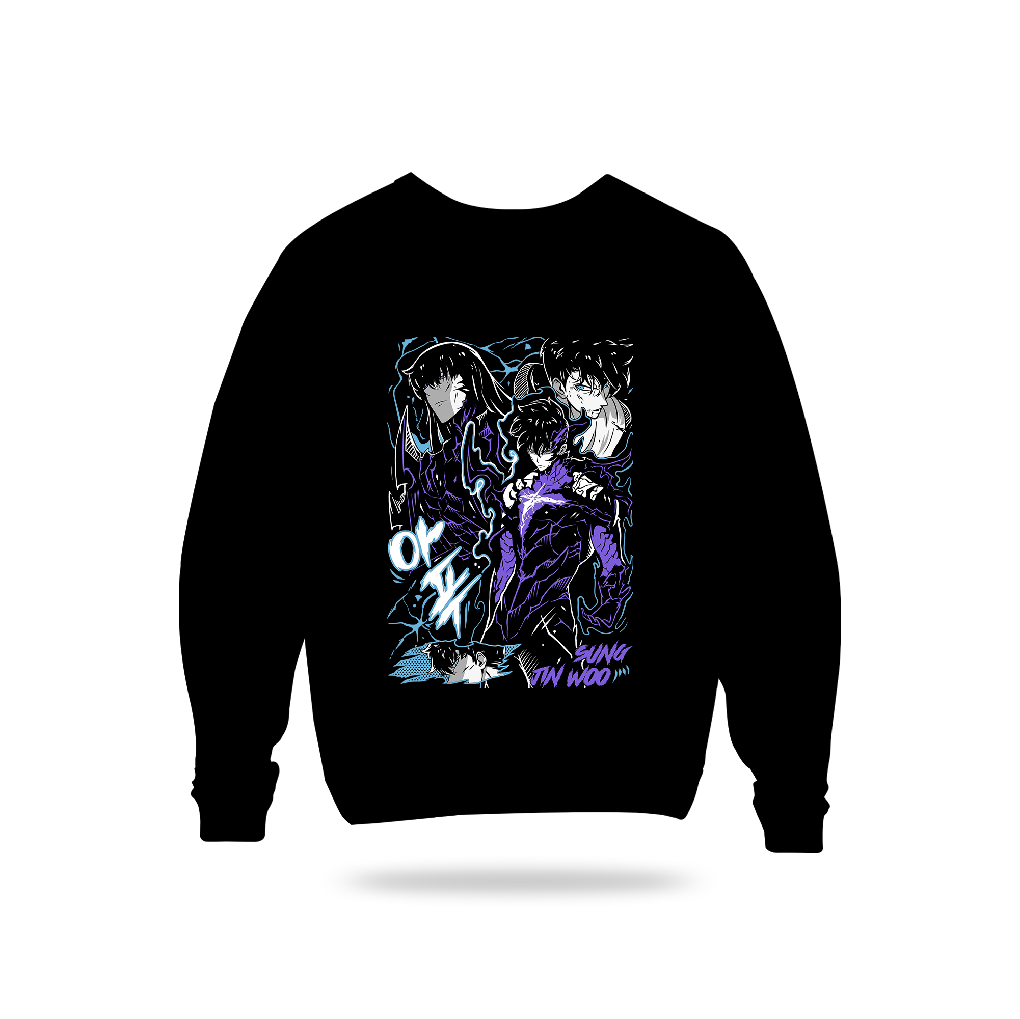 Black sweatshirt with anime-style design on a white background